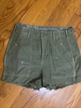 American Eagle Outfitters Olive Green Embroidered Frayed-Hem Shorts
